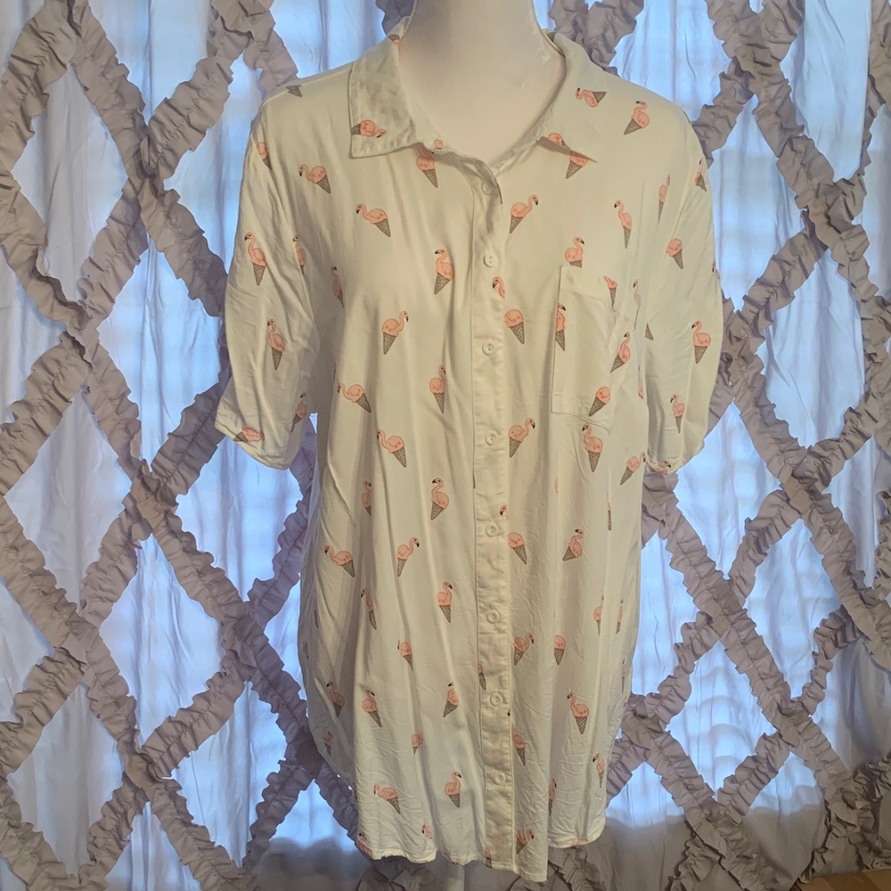 Torrid Ivory Blouse with Coral Flamingo Design